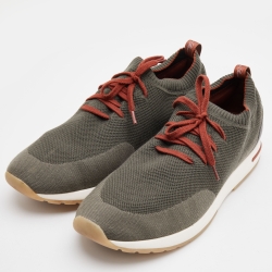 مملوكة مسبقًا Loro Piana Olive Green Knit Fabric and Leather Low Top Sneakers Size 46