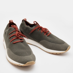 مملوكة مسبقًا Loro Piana Olive Green Knit Fabric and Leather Low Top Sneakers Size 46