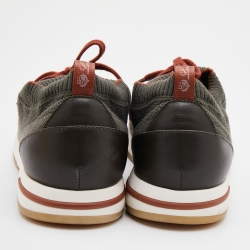 مملوكة مسبقًا Loro Piana Olive Green Knit Fabric and Leather Low Top Sneakers Size 46