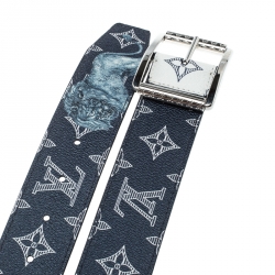 Pre Owned Louis Vuitton White/Blue Monogram Savane Canvas Chapman Brothers Reverso Belt Size 85 cm