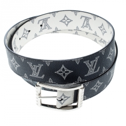 Pre Owned Louis Vuitton White/Blue Monogram Savane Canvas Chapman Brothers Reverso Belt Size 85 cm