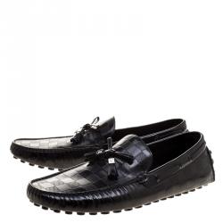 Pre Owned Louis Vuitton Black Damier Embossed Leather Bow Detail Loafers Size 43.5