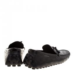 Pre Owned Louis Vuitton Black Damier Embossed Leather Bow Detail Loafers Size 43.5