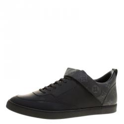 Pre Owned Louis Vuitton Black Leather and Monogram Canvas Passenger Lace Up Sneakers Size 43