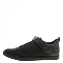 Pre Owned Louis Vuitton Black Leather and Monogram Canvas Passenger Lace Up Sneakers Size 43