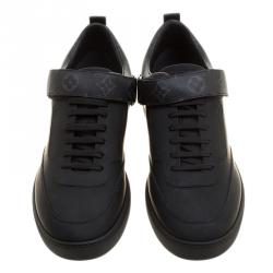Pre Owned Louis Vuitton Black Leather and Monogram Canvas Passenger Lace Up Sneakers Size 43