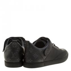 Pre Owned Louis Vuitton Black Leather and Monogram Canvas Passenger Lace Up Sneakers Size 43