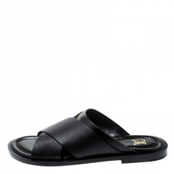 Pre Owned حذاء سلايدز لوي فيتون فلات سيور متعاكسة فوش جلد أسود مقاس 42.5