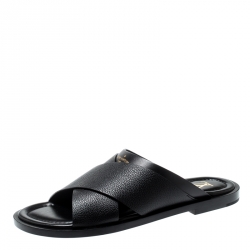 Louis Vuitton Black Leather Cross Strap Slides EU 36