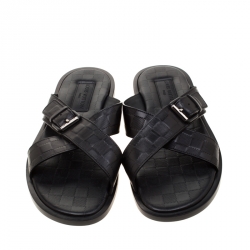 Pre Owned Louis Vuitton Black Damier Embosssed Leather Criss-Cross Flat Sandals Size 41.5