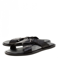 Pre Owned Louis Vuitton Black Damier Embosssed Leather Criss-Cross Flat Sandals Size 41.5
