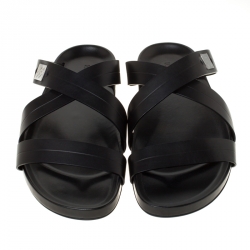 Pre Owned Louis Vuitton Black Leather Pioneer Cross Strap Flat Slides Size 45