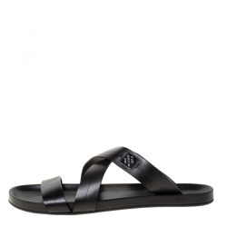 Pre Owned Louis Vuitton Black Leather Pioneer Cross Strap Flat Slides Size 45