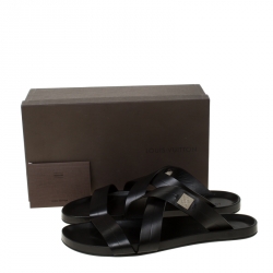 Pre Owned Louis Vuitton Black Leather Pioneer Cross Strap Flat Slides Size 45