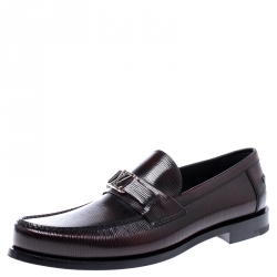 Pre Owned Louis Vuitton Black/Red Epi Leather Major Logo Detail Loafers Size 43