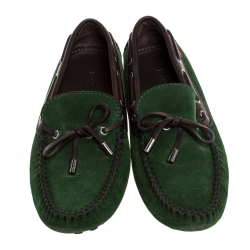 Pre Owned Louis Vuitton Green Suede Leather Bow Loafers Size 41