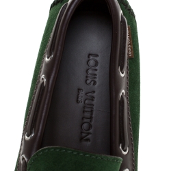 Pre Owned Louis Vuitton Green Suede Leather Bow Loafers Size 41