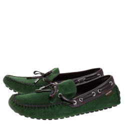 Pre Owned Louis Vuitton Green Suede Leather Bow Loafers Size 41
