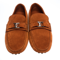Pre Owned Louis Vuitton Orange Suede Hockenheim Loafers Size 43