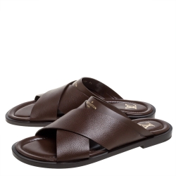 Pre Owned Louis Vuitton Brown Leather Foch Cross Strap Flat Slides Size 43.5