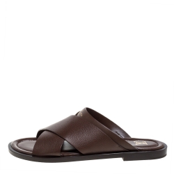 Pre Owned Louis Vuitton Brown Leather Foch Cross Strap Flat Slides Size 43.5