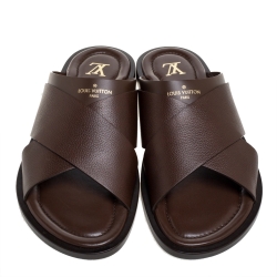 Pre Owned Louis Vuitton Brown Leather Foch Cross Strap Flat Slides Size 43.5
