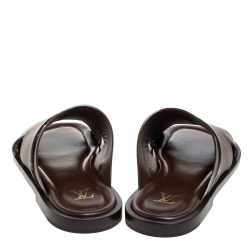 Pre Owned Louis Vuitton Brown Leather Foch Cross Strap Flat Slides Size 43.5