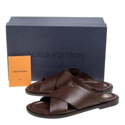 Pre Owned Louis Vuitton Brown Leather Foch Cross Strap Flat Slides Size 43.5
