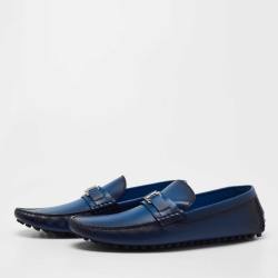 Pre Owned Louis Vuitton Blue Leather Hockenheim Slip On Loafers Size 46