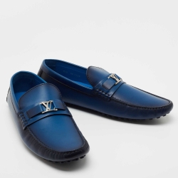 Pre Owned Louis Vuitton Blue Leather Hockenheim Slip On Loafers Size 46