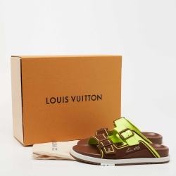 Pre Owned Louis Vuitton Green/Brown Leather and Suede Trainer Flat Slides Size 42