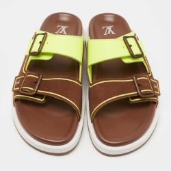 Pre Owned Louis Vuitton Green/Brown Leather and Suede Trainer Flat Slides Size 42