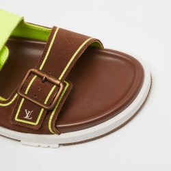 Pre Owned Louis Vuitton Green/Brown Leather and Suede Trainer Flat Slides Size 42