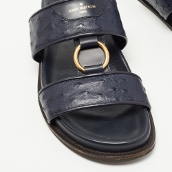 Louis Vuitton Navy Blue Ostrich Leather Slides Size 43.5