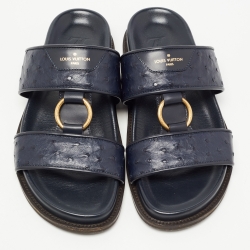 Louis Vuitton Navy Blue Ostrich Leather Slides Size 43.5