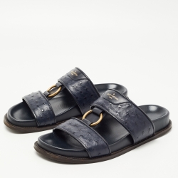 Louis Vuitton Navy Blue Ostrich Leather Slides Size 43.5