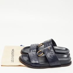 Louis Vuitton Navy Blue Ostrich Leather Slides Size 43.5