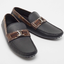 Louis Vuitton Black/Brown Monogram Canvas and Leather Slip On Loafers Size 40