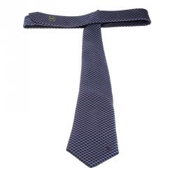 Pre Owned Louis Vuitton Navy Blue Petit Damier Pattern Jacquard Silk Tie