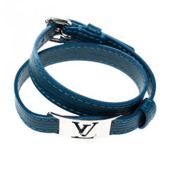 مملوكة مسبقًا Louis Vuitton Blue Leather Silver Tone Wrap Bracelet 19