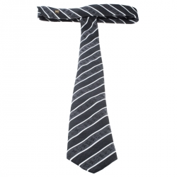 Pre Owned Louis Vuitton Grey and Black Striped Damier Monogram Silk Jacquard Tie