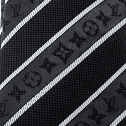 Pre Owned Louis Vuitton Grey and Black Striped Damier Monogram Silk Jacquard Tie