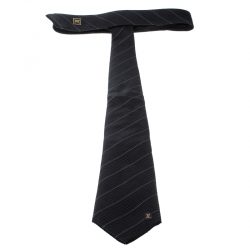 Pre Owned Louis Vuitton Black Damier Patterned Striped Silk Jacquard Ecu Tie