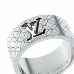 Louis Vuitton Champs-Elysées Logo Cut-out Textured Silver Tone Band Ring Size 60