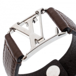 Pre Owned Louis Vuitton Hockenheim Brown Leather Silver Tone Bracelet