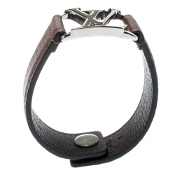 Pre Owned Louis Vuitton Hockenheim Brown Leather Silver Tone Bracelet