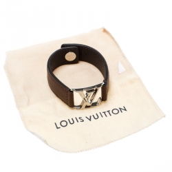 Pre Owned Louis Vuitton Hockenheim Brown Leather Silver Tone Bracelet