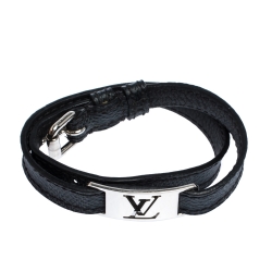 Pre Owned Louis Vuitton Sign It Damier Leather Silver Tone Double Wrap Bracelet