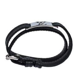 Pre Owned Louis Vuitton Sign It Damier Leather Silver Tone Double Wrap Bracelet