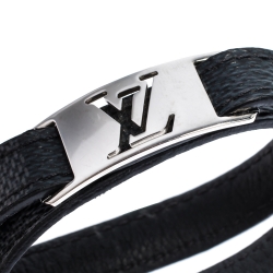 Pre Owned Louis Vuitton Sign It Damier Leather Silver Tone Double Wrap Bracelet